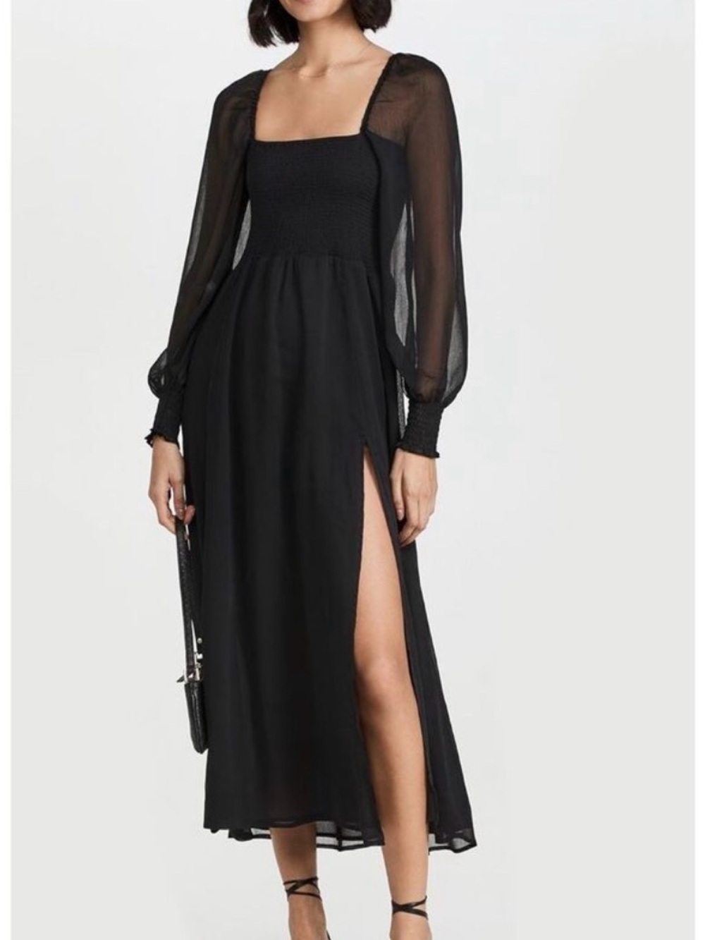 Smocked Square Neck Black Maxi Dress with Sheer Puff Sleeves